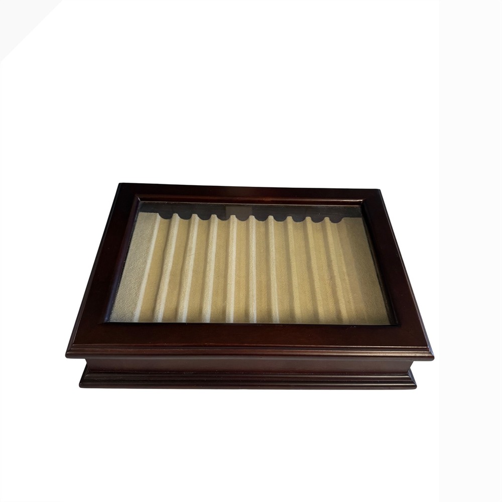 Levenger Wooden 10 Slot Fountain Pen Display Case Glass Top Mahogany Finish